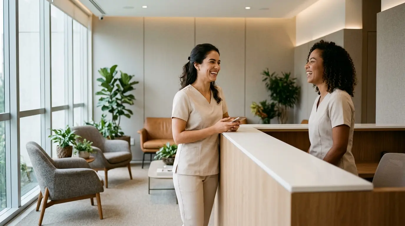Duas atendentes conversando e sorrindo no balcão da recepção da clínica