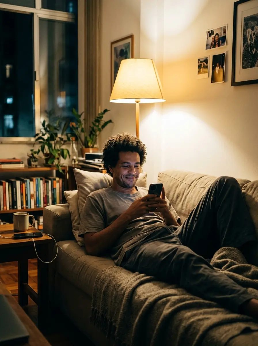 Homem deitado no sofá à noite, escrevendo no celular